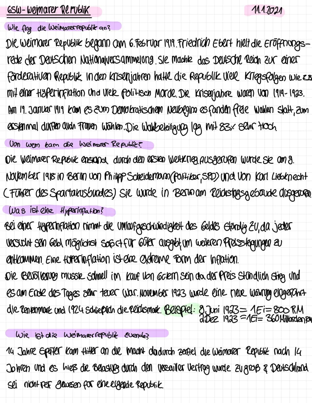 GSW-Weimarer Republik
Wie fing die Weimarerrepublike an?
Die Weimarer Republike begann am 6. Fesruar 1919. Friedrich Ebert hielt die Eröffnu