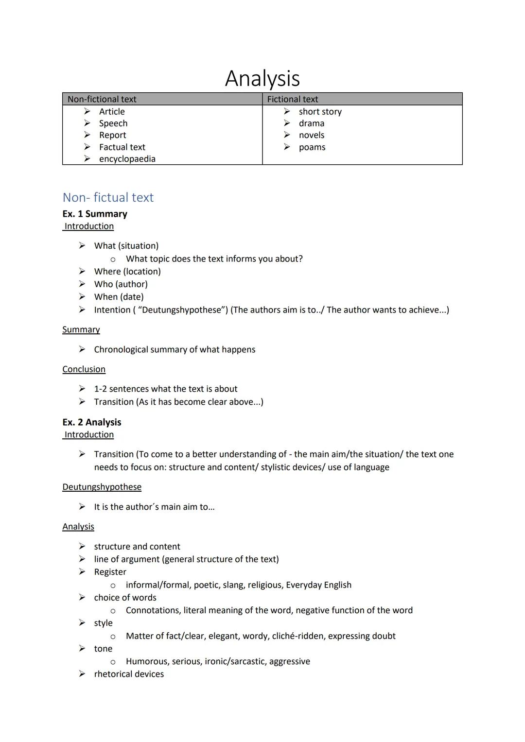 # Analysis

| Non-fictional text | Fictional text |
| ----------- | ----------- |
| ➤ Article | ➤ short story |
| ➤ Speech | ➤ drama |
| ➤ R