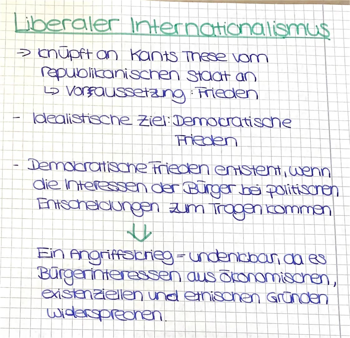 Liberaler Internationalismus
→ khupft an Kants These vom
republikanischen
Staat an
↳ Voraussetzung: Frieden
Idealistische Ziel: Democratisch