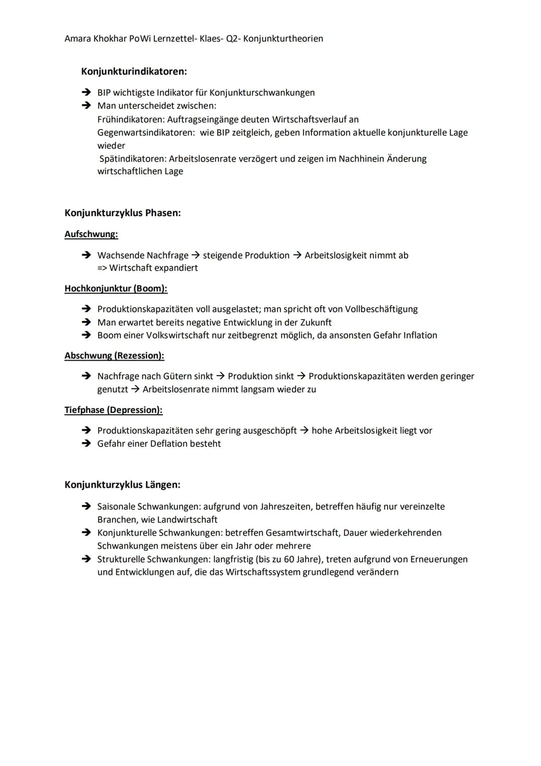 Amara Khokhar PoWi Lernzettel- Klaes- Q2- Konjunkturtheorien
Konjunktur- Definition:
➜ Zeigt den Verlauf der Wirtschaftslage eines Landes
→ 