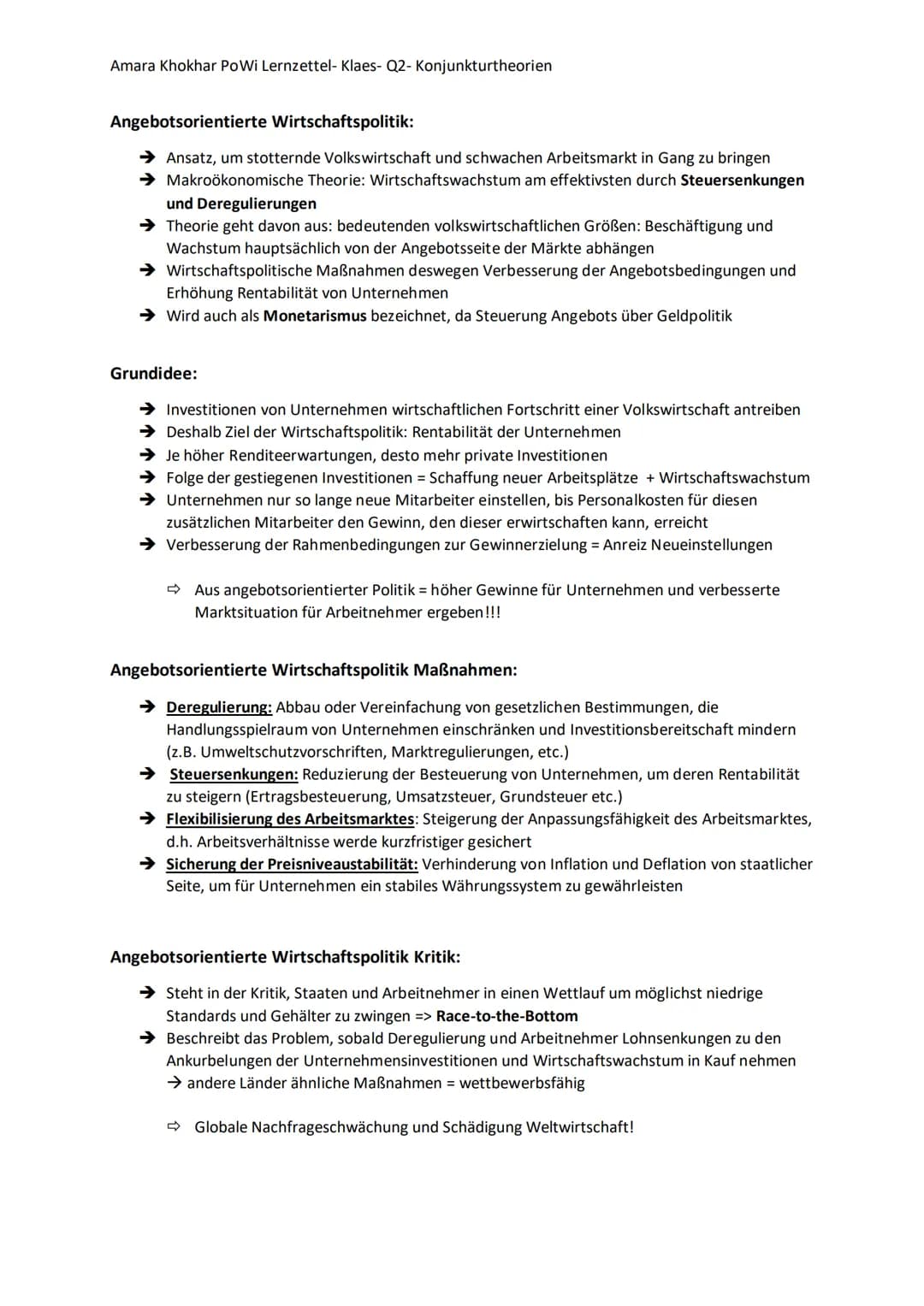 Amara Khokhar PoWi Lernzettel- Klaes- Q2- Konjunkturtheorien
Konjunktur- Definition:
➜ Zeigt den Verlauf der Wirtschaftslage eines Landes
→ 