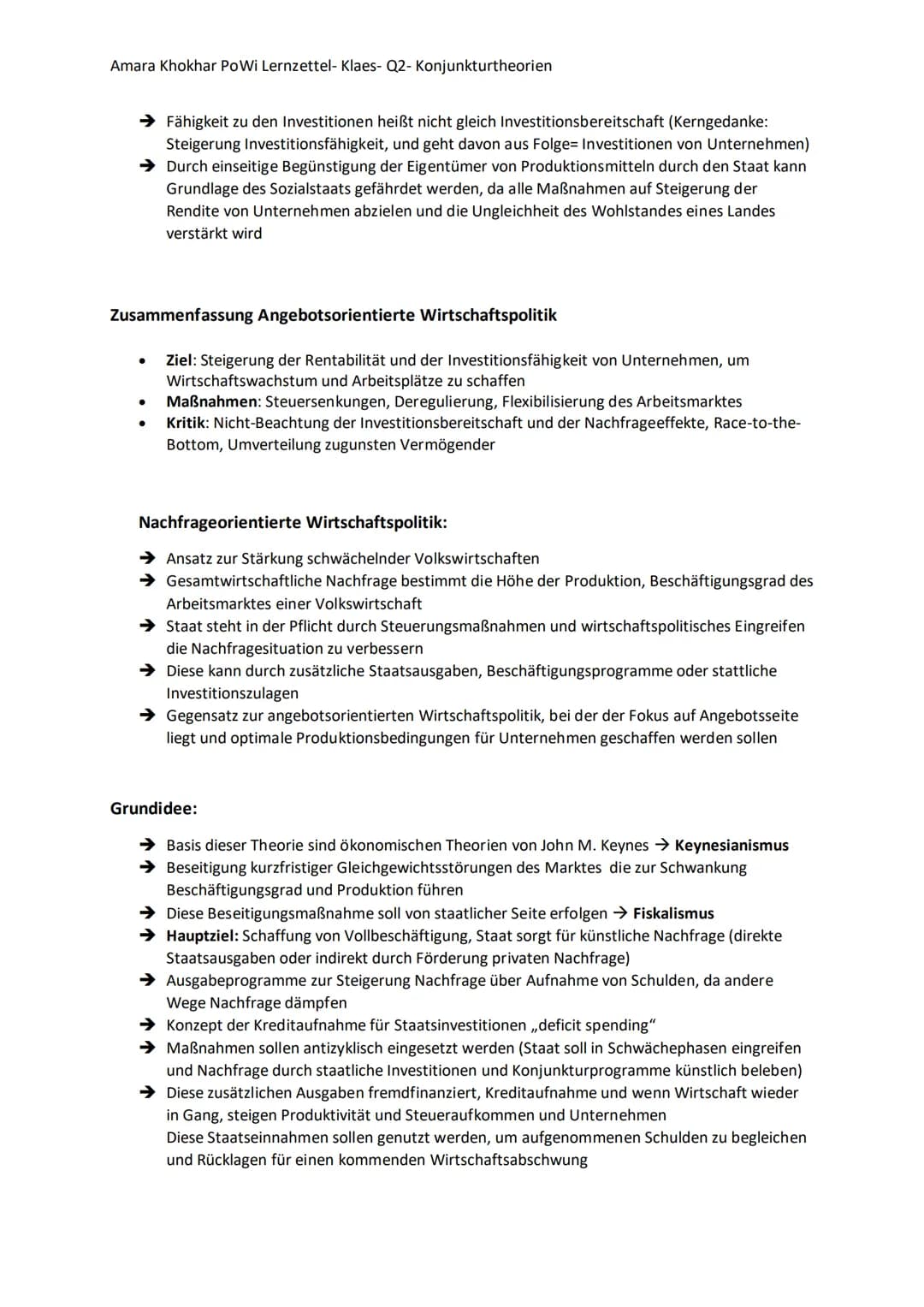 Amara Khokhar PoWi Lernzettel- Klaes- Q2- Konjunkturtheorien
Konjunktur- Definition:
➜ Zeigt den Verlauf der Wirtschaftslage eines Landes
→ 