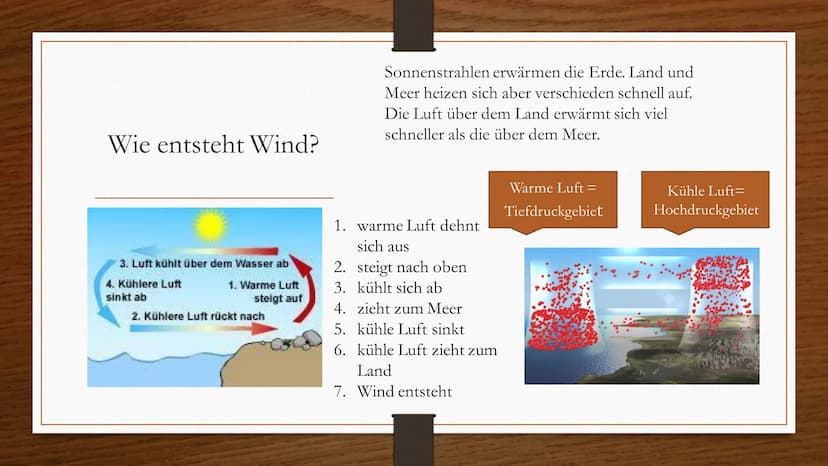 
<h2 id="windentstehung">Windentstehung</h2>
<p>Wind entsteht, wenn ein Hochdruckgebiet auf ein Tiefdruckgebiet trifft. Diese entstehen durc