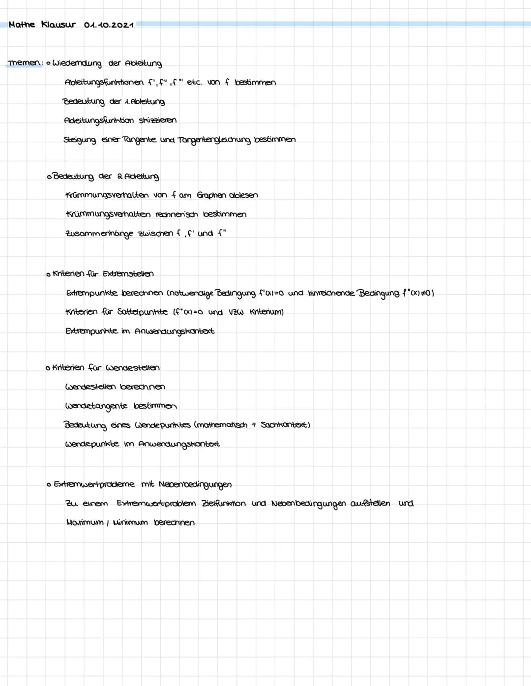 Mathe Klausur 01.10.2021
Themen: Wiederholung der Ableitung
Ableitungsfunktionen f', f" ,f" etc. von f bestimmen
Bedeutung der 1. Ableitung
