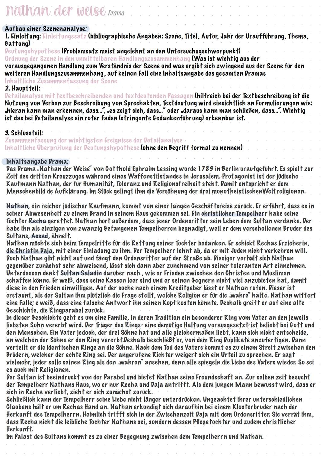 nathan der weise Drama

Aufbau einer Szenenanalyse:
1. Einleitung: Einleitungssatz (bibliographische Angaben: Szene, Titel, Autor, Jahr der 