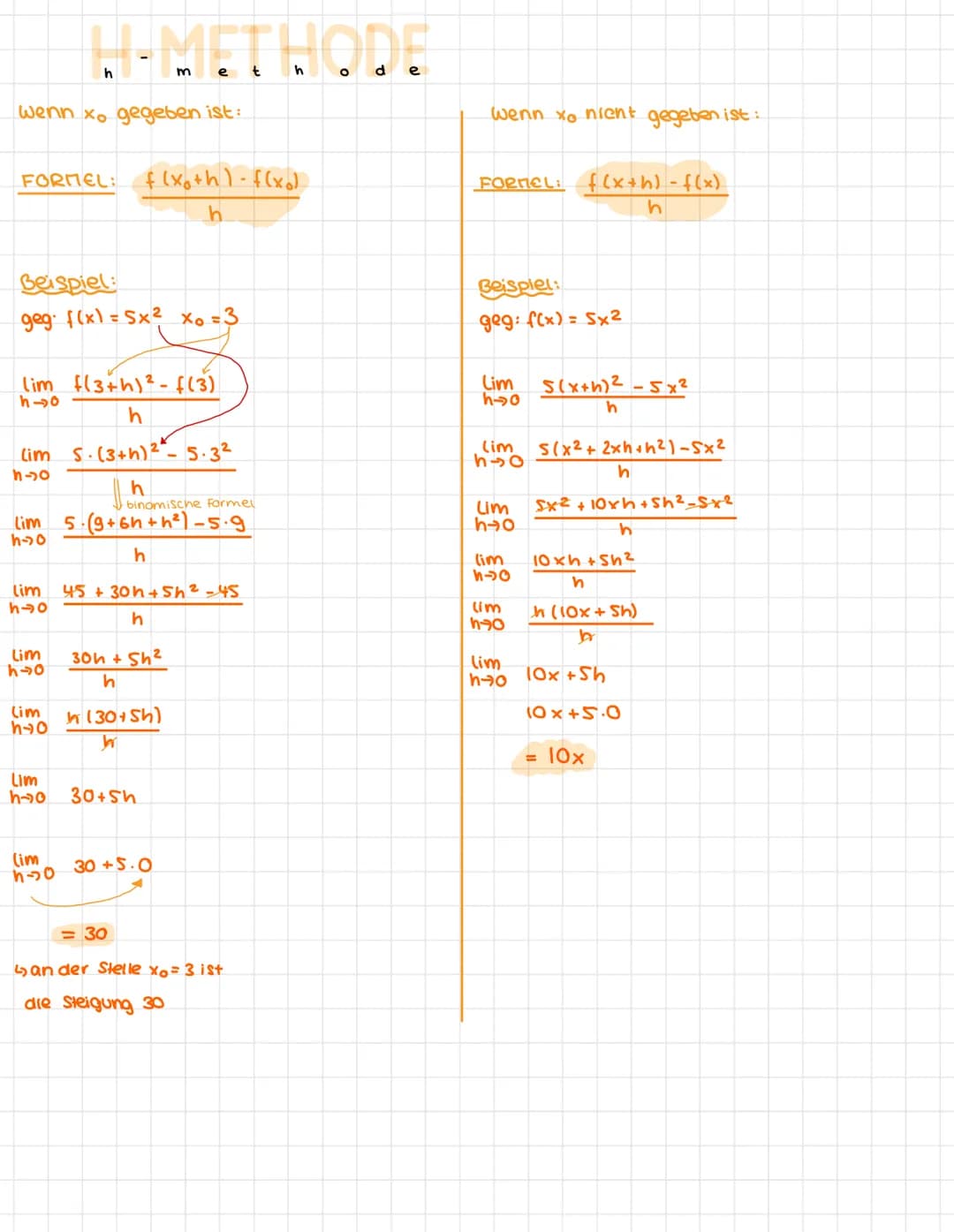 wenn xo gegeben ist:
FORMEL:
H-METHODE
e
Beispiel:
geg⋅ f(x) = 5x² Xo = 3
h→0
lim f(3+h) ² - f(3)
h
(im S. (3+h) ² - 5.3²
h-so
h
binomische 