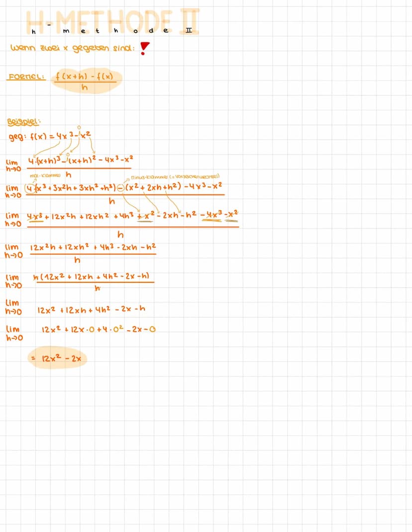 wenn xo gegeben ist:
FORMEL:
H-METHODE
e
Beispiel:
geg⋅ f(x) = 5x² Xo = 3
h→0
lim f(3+h) ² - f(3)
h
(im S. (3+h) ² - 5.3²
h-so
h
binomische 