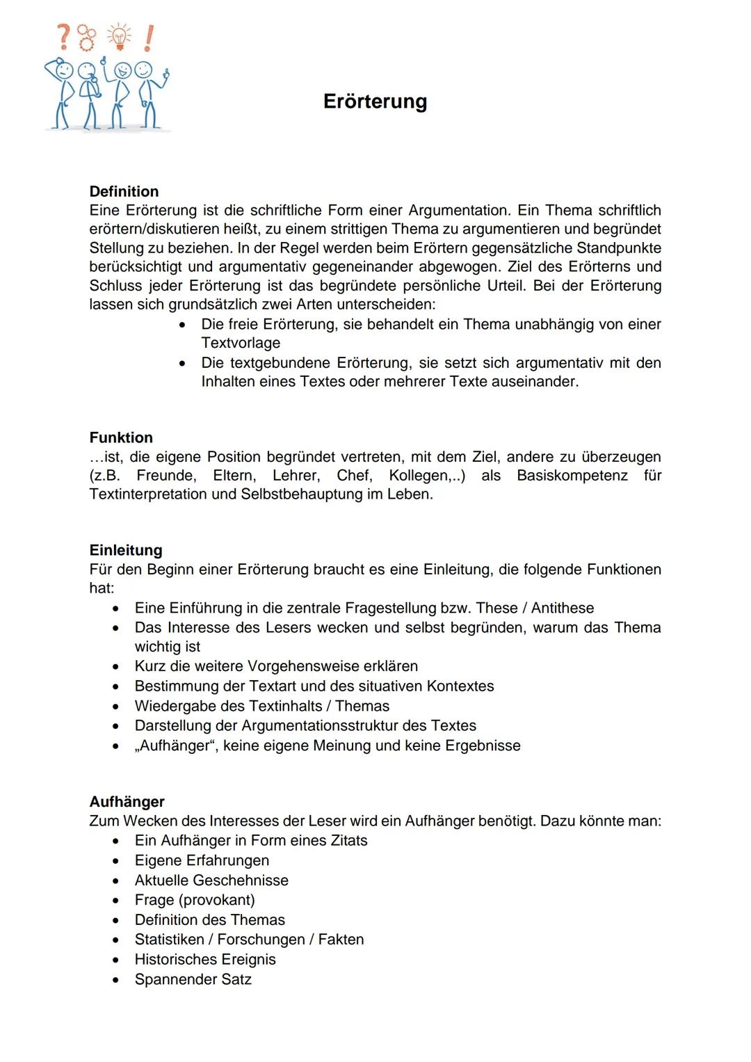 # ?!

# Erörterung

Definition

Eine Erörterung ist die schriftliche Form einer Argumentation. Ein Thema schriftlich
erörtern/diskutieren he