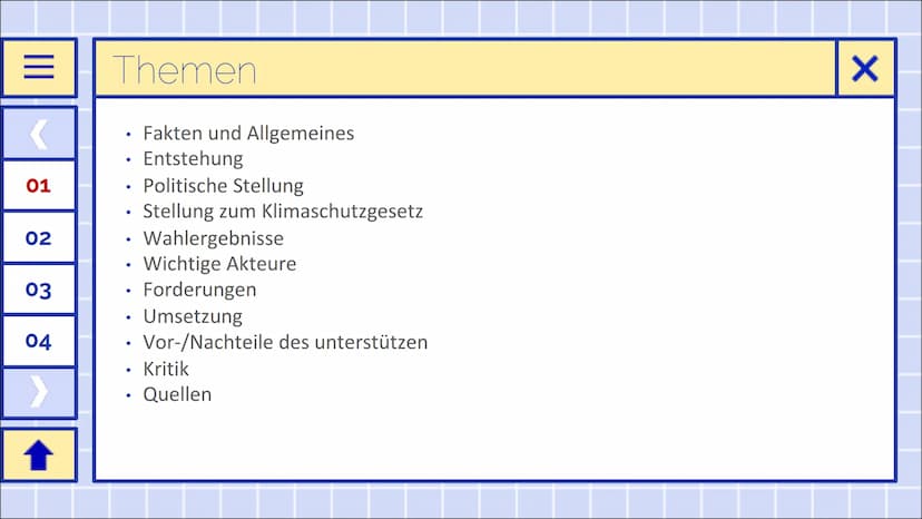 DIE LINKE
Jasmin & Lara
ENTER
X |||
<
01
02
03
04
↑
Themen
●
●
●
●
●
●
●
Fakten und Allgemeines
Entstehung
Politische Stellung
Stellung zum 