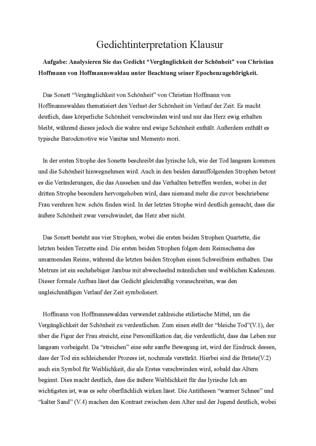 Gedichtinterpretation zu „Vergänglichkeit der Schönheit“