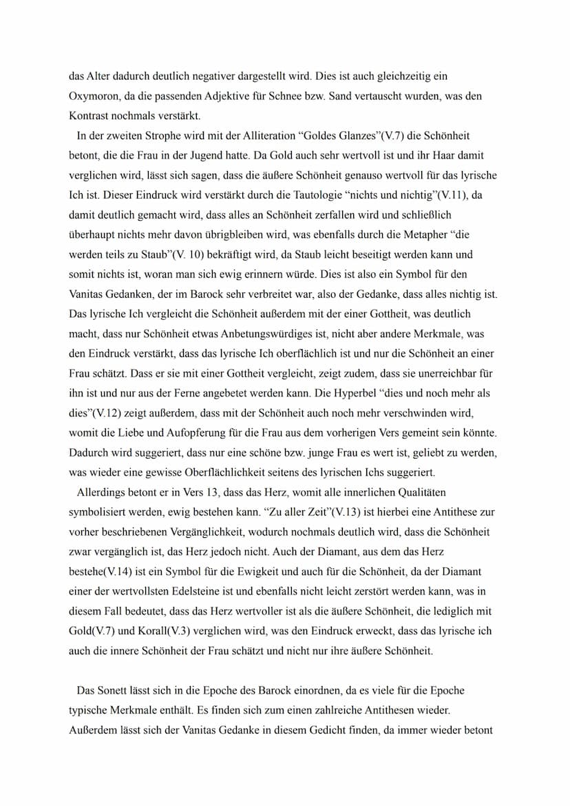 Gedichtinterpretation Klausur
Aufgabe: Analysieren Sie das Gedicht "Vergänglichkeit der Schönheit" von Christian
Hoffmann von Hoffmannswalda