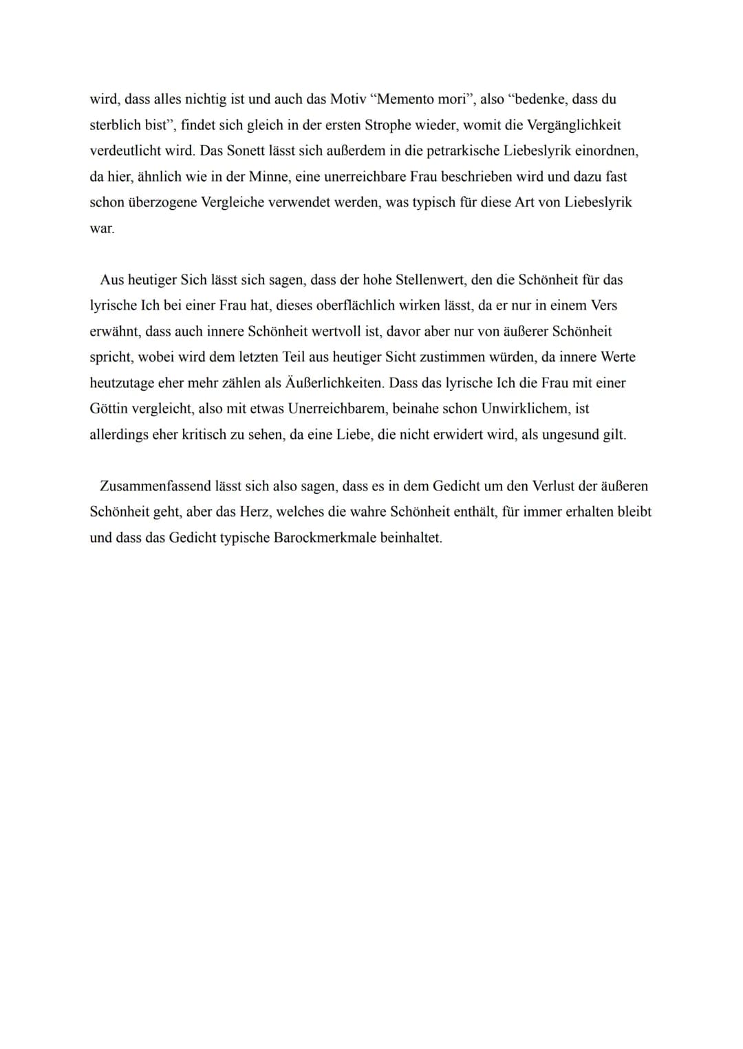 Gedichtinterpretation Klausur
Aufgabe: Analysieren Sie das Gedicht "Vergänglichkeit der Schönheit" von Christian
Hoffmann von Hoffmannswalda