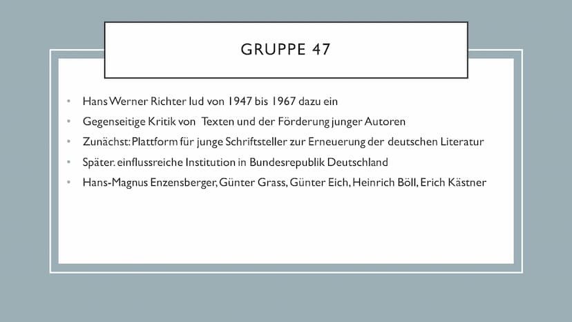 NACHKRIEGSLITERATUR Einstieg ins Thema
• Die Nachkriegsliteratur
Historischer Kontext
• Motive
• Literarische Gattungen
• Stilistische Epoch