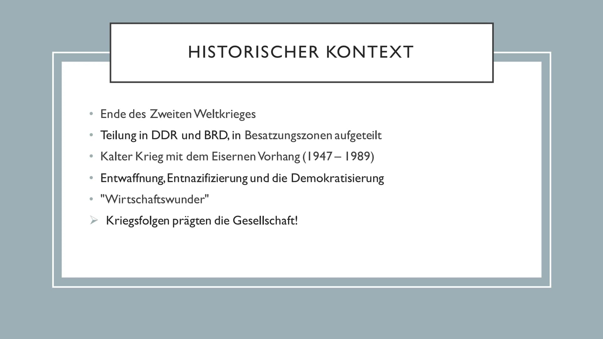 NACHKRIEGSLITERATUR Einstieg ins Thema
• Die Nachkriegsliteratur
Historischer Kontext
• Motive
• Literarische Gattungen
• Stilistische Epoch