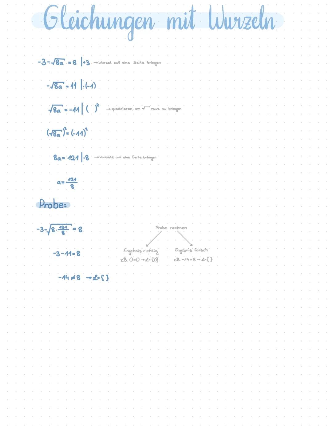 Gleichungen mit Wurzeln
-3-√8a = 8 +3 →Wurzel auf eine Seite bringen
-√8a-11 |-(-1)
√Ba=-11| ( )² - quadrieren, um
(+8a)² = (-11)²
8a= 1218 