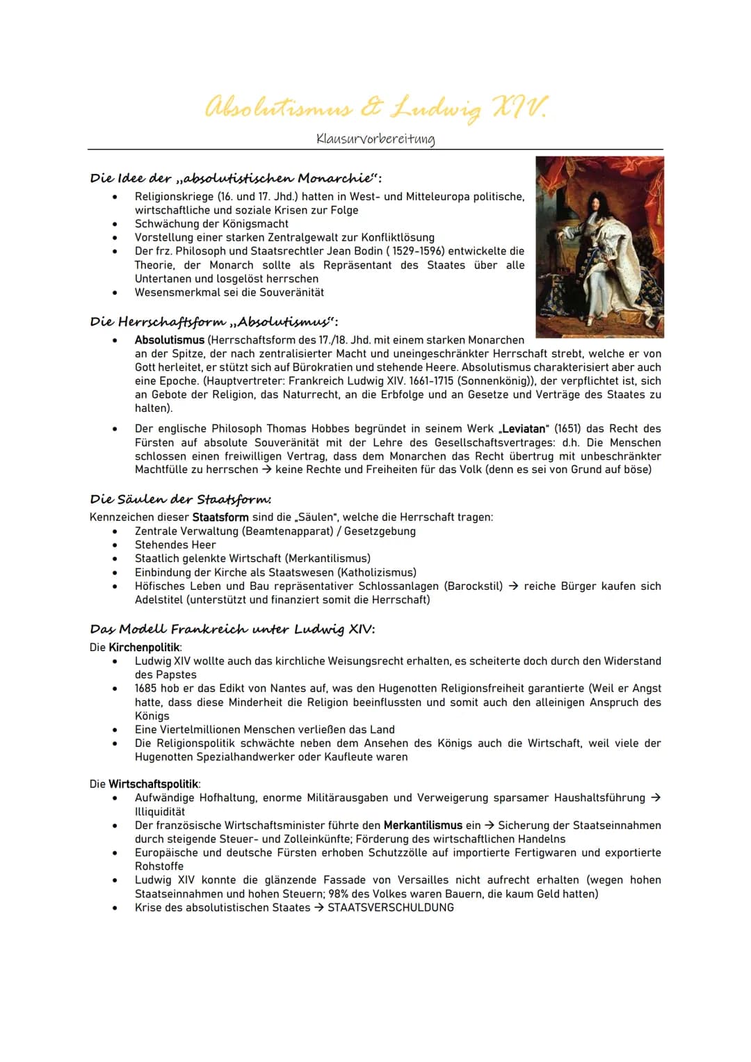 Die Idee der absolutistischen Monarchie":
●
●
●
●
Die Herrschaftsform,,Absolutismus":
Absolutismus & Ludwig XIV.
Klausurvorbereitung
●
Relig