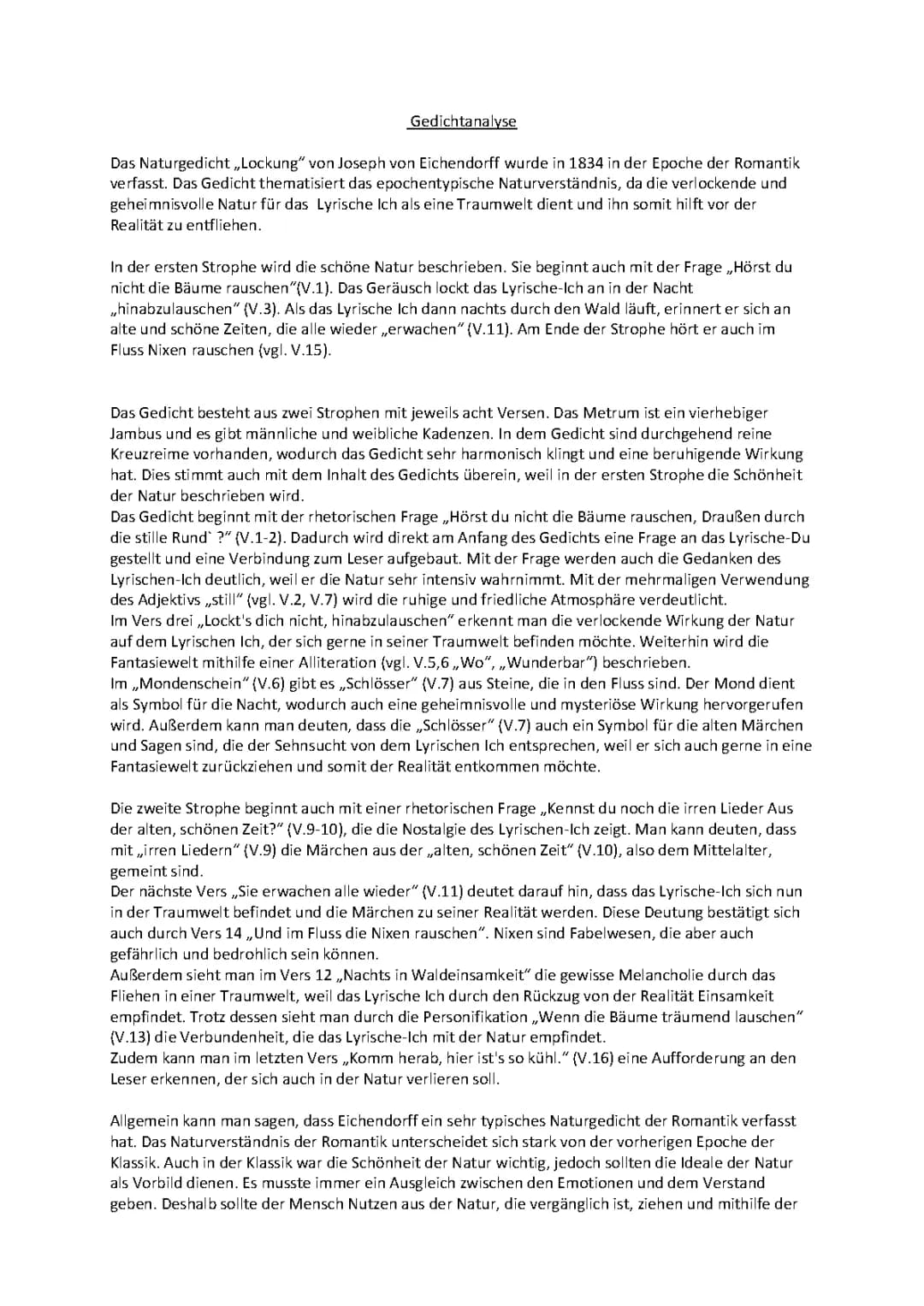 Gedichtanalyse „Lockung“ von Eichendorff 