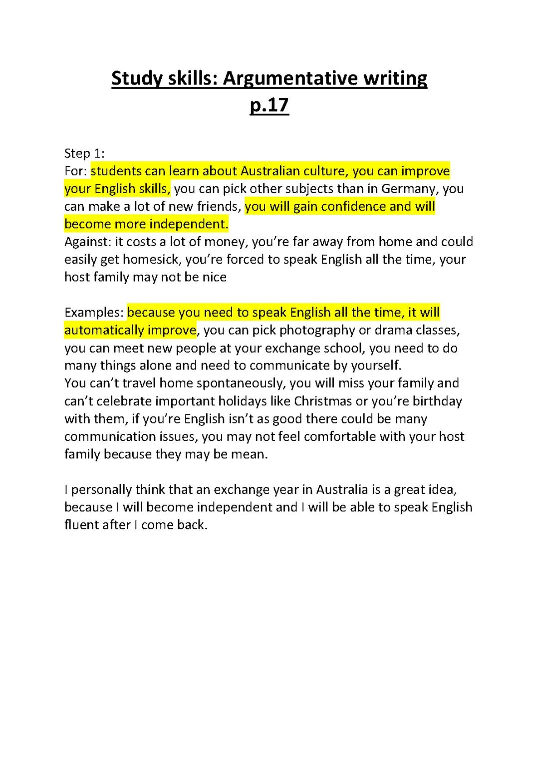 Argumentative writing: Exchange year in Australia