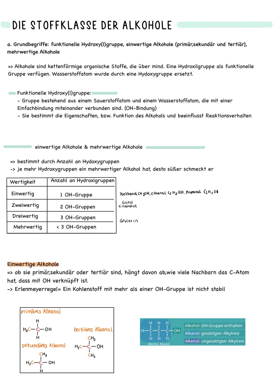 Lennzettel
Chemie
Q2 ALKOHOLE/
ALKANOLE DIE STOFFKLASSE DER ALKOHOLE
a. Grundbegriffe: funktionelle Hydroxy(1) gruppe, einwertige Alkohole (