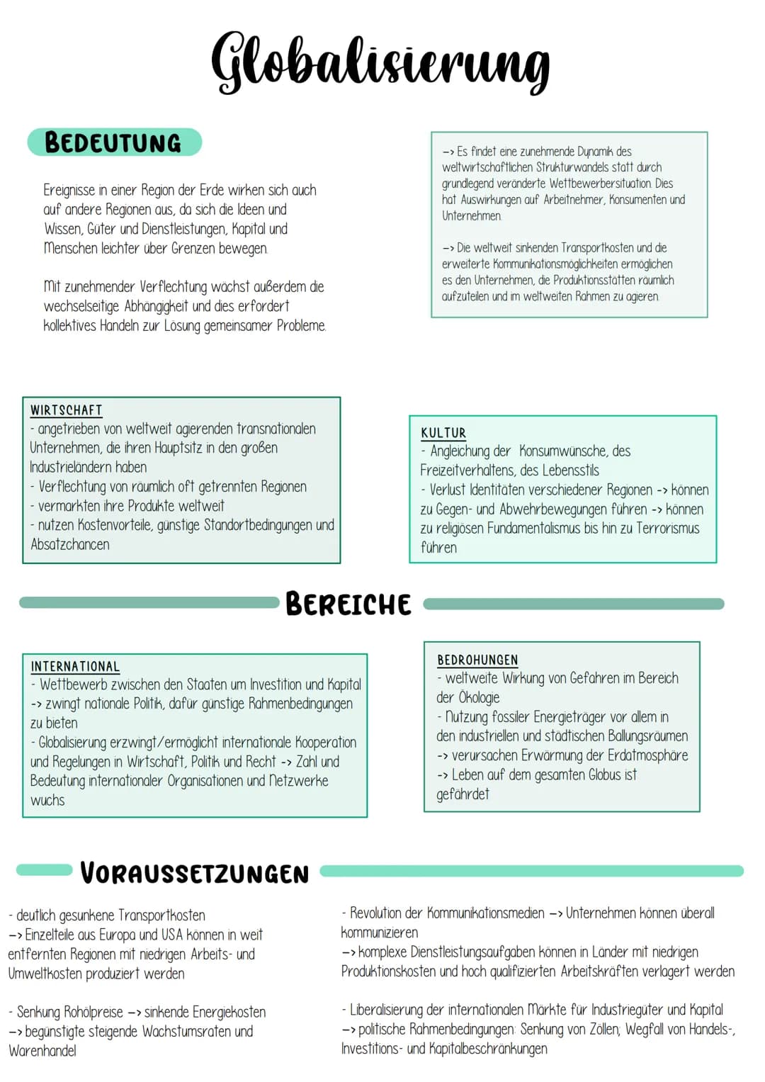 Globalisierung
BEDEUTUNG
Ereignisse in einer Region der Erde wirken sich auch
auf andere Regionen aus, da sich die Ideen und
Wissen, Güter u