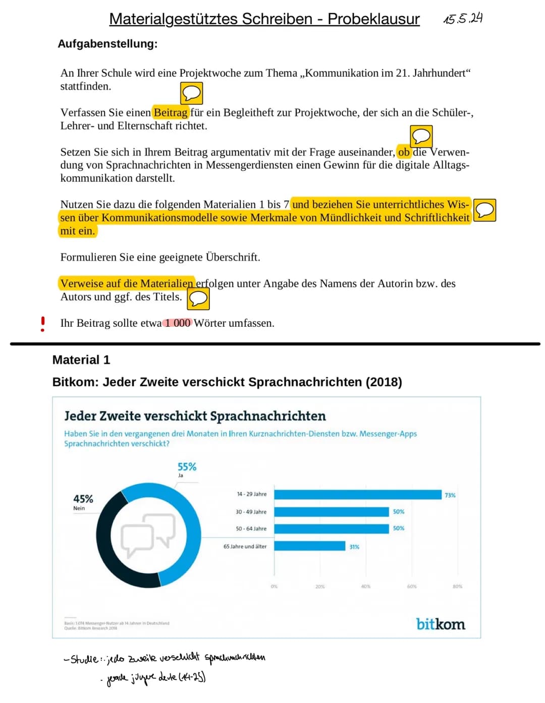 Materialgestütztes Schreiben - Probeklausur
Aufgabenstellung:
15.5.24
An Ihrer Schule wird eine Projektwoche zum Thema „Kommunikation im 21.