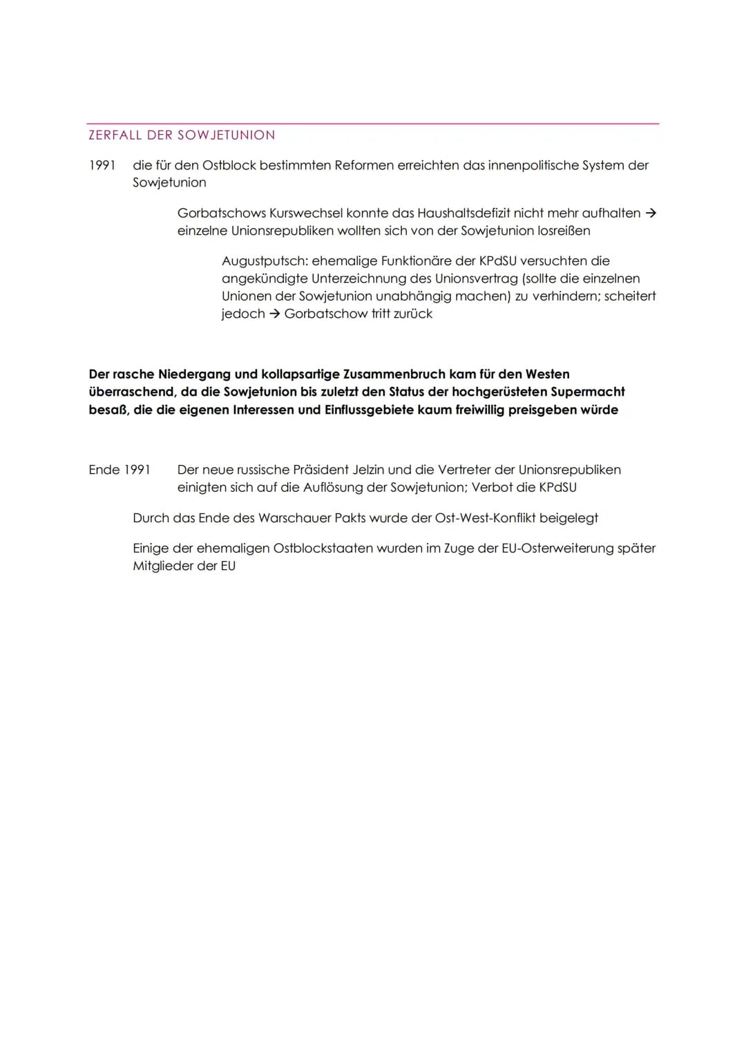DER ZUSAMMENBRUCH DES SOWJETSYSTEMS
1985 Michail Gorbatschow wird Generalsekretär der KPdSU; Hoffnungen auf neue
Reformen, aufgrund Stagnati