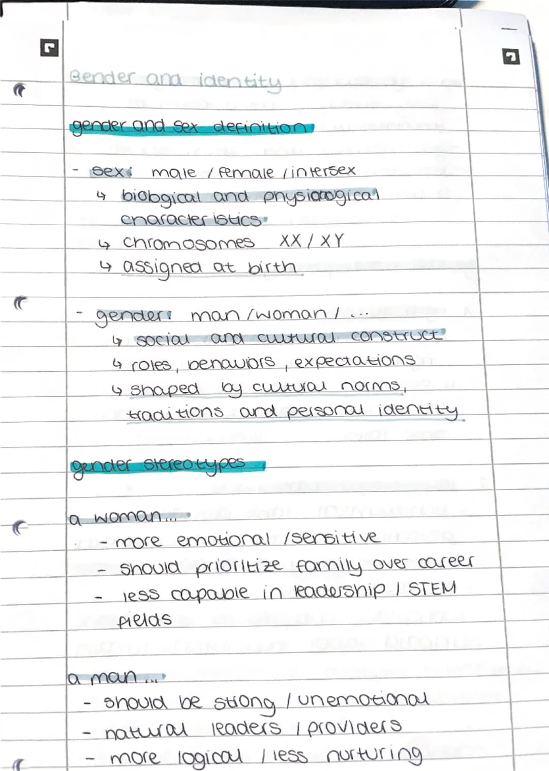 --- OCR Start ---
C
Bender and identity
gender and sex definition
sex male/female/intersex
4 biobgical and physiological
characteristics
4 c