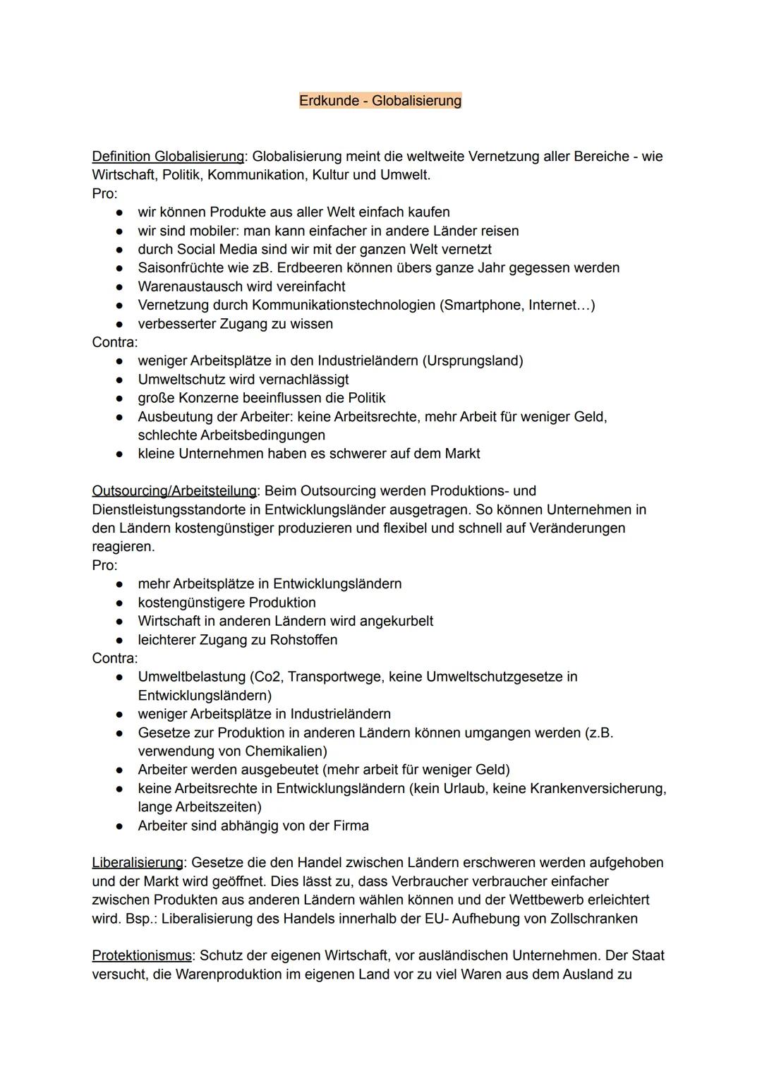 # Erdkunde - Globalisierung

Definition Globalisierung: Globalisierung meint die weltweite Vernetzung aller Bereiche - wie
Wirtschaft, Polit