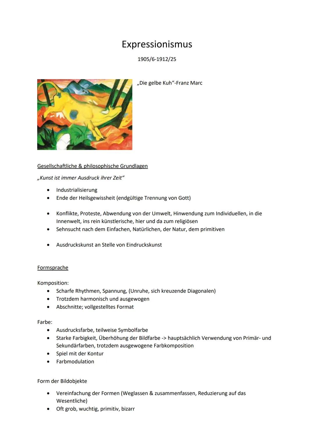 # Expressionismus

1905/6-1912/25

„Die gelbe Kuh"-Franz Marc

Gesellschaftliche & philosophische Grundlagen

„Kunst ist immer Ausdruck ihre