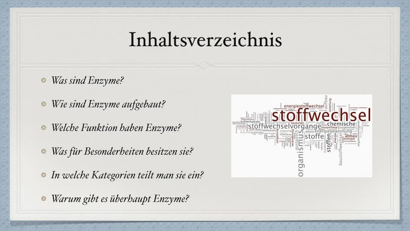 Die Enzyme Inhaltsverzeichnis
* Was sind Enzyme?
Wie sind Enzyme aufgebaut?
Welche Funktion haben Enzyme?
Was für Besonderheiten besitzen si