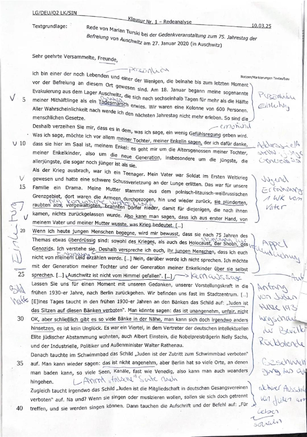 LG/DEU/Q2 LK/SIN
Name: Valena
Klausur Nr. 1 - Redeanalyse
10.03.25
Wortanzahl:
FQ:
Aufgabenart: Redeanalyse
Textgrundlage: Gedenkrede von Ma
