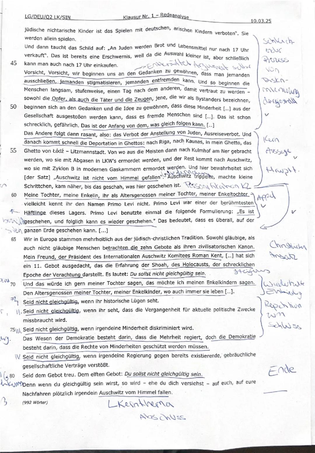 LG/DEU/Q2 LK/SIN
Name: Valena
Klausur Nr. 1 - Redeanalyse
10.03.25
Wortanzahl:
FQ:
Aufgabenart: Redeanalyse
Textgrundlage: Gedenkrede von Ma