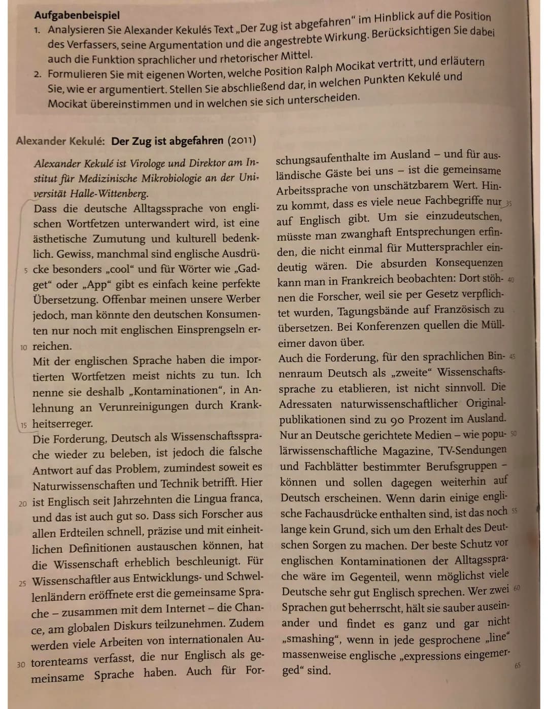 Aufgabenbeispiel
1. Analysieren Sie Alexander Kekulés Text ,,Der Zug ist abgefahren" im Hinblick auf die Position
des Verfassers, seine Argu