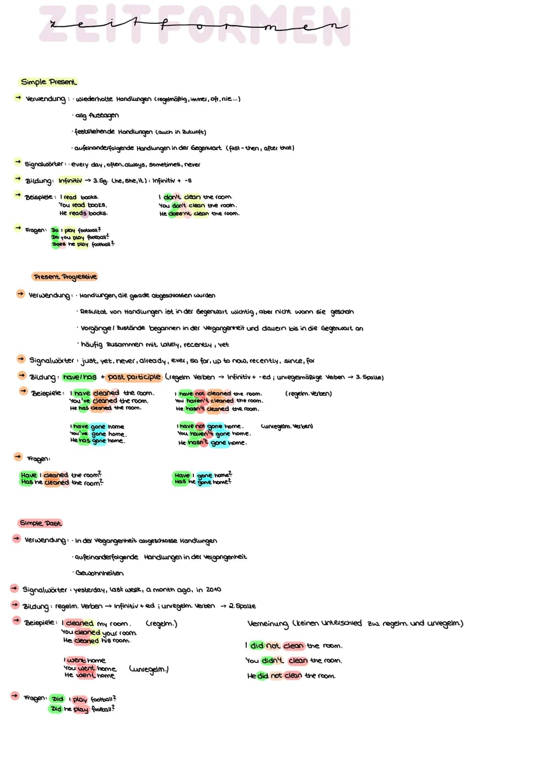 zeitformen
Simple Present
Verwendung: · wiederholte Handlungen (regelmäßig, immer, oft, nie...)
·allg Aussagen
feststehende Handlungen (auch