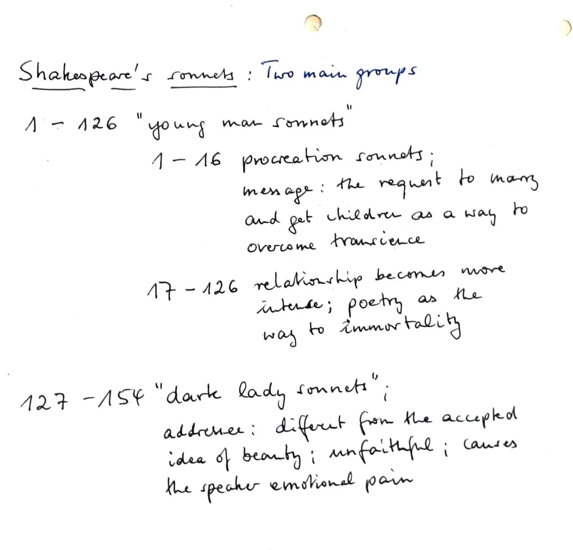 Shakespeare's sonnets :
ronnets: Two main groups
man sonnets"
s
126
1/
young
1-16 procreation sonnets;
message: the request to marry
childre
