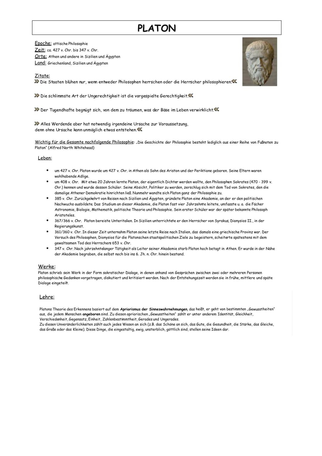Epoche: attische Philosophie
Zeit: ca. 427 v. Chr. bis 347 v. Chr.
Orte: Athen und andere in Sizilien und Ägypten
Land: Griechenland, Sizili