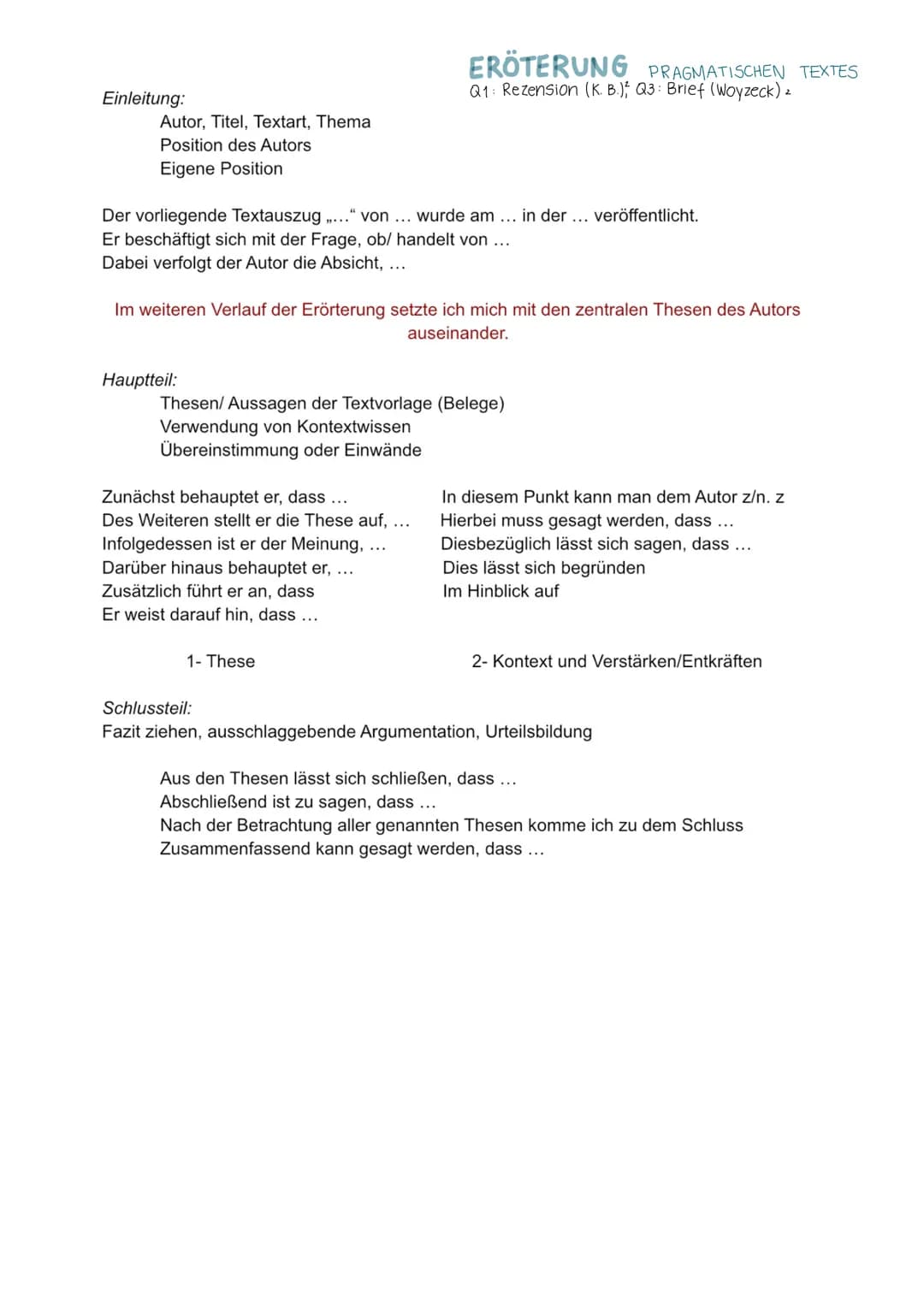 Einleitung:
Autor, Titel, Textart, Thema
Position des Autors
Eigene Position
Der vorliegende Textauszug ..." von ... wurde am ... in der ...