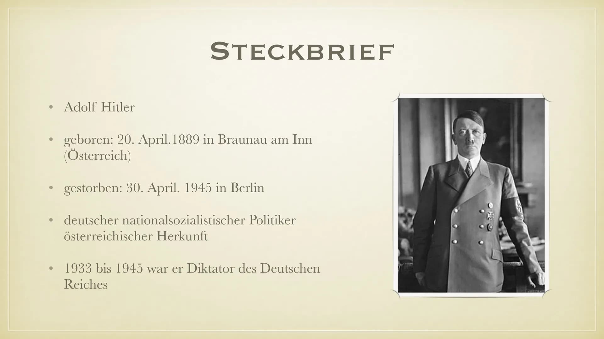 UE
ADOLF HITLER ● Steckbrief
●
●
●
Grundinformationen
Ansichten und Ideologie
Grund für seinen Antisemitismus
Aufstieg zum Führer
Propaganda