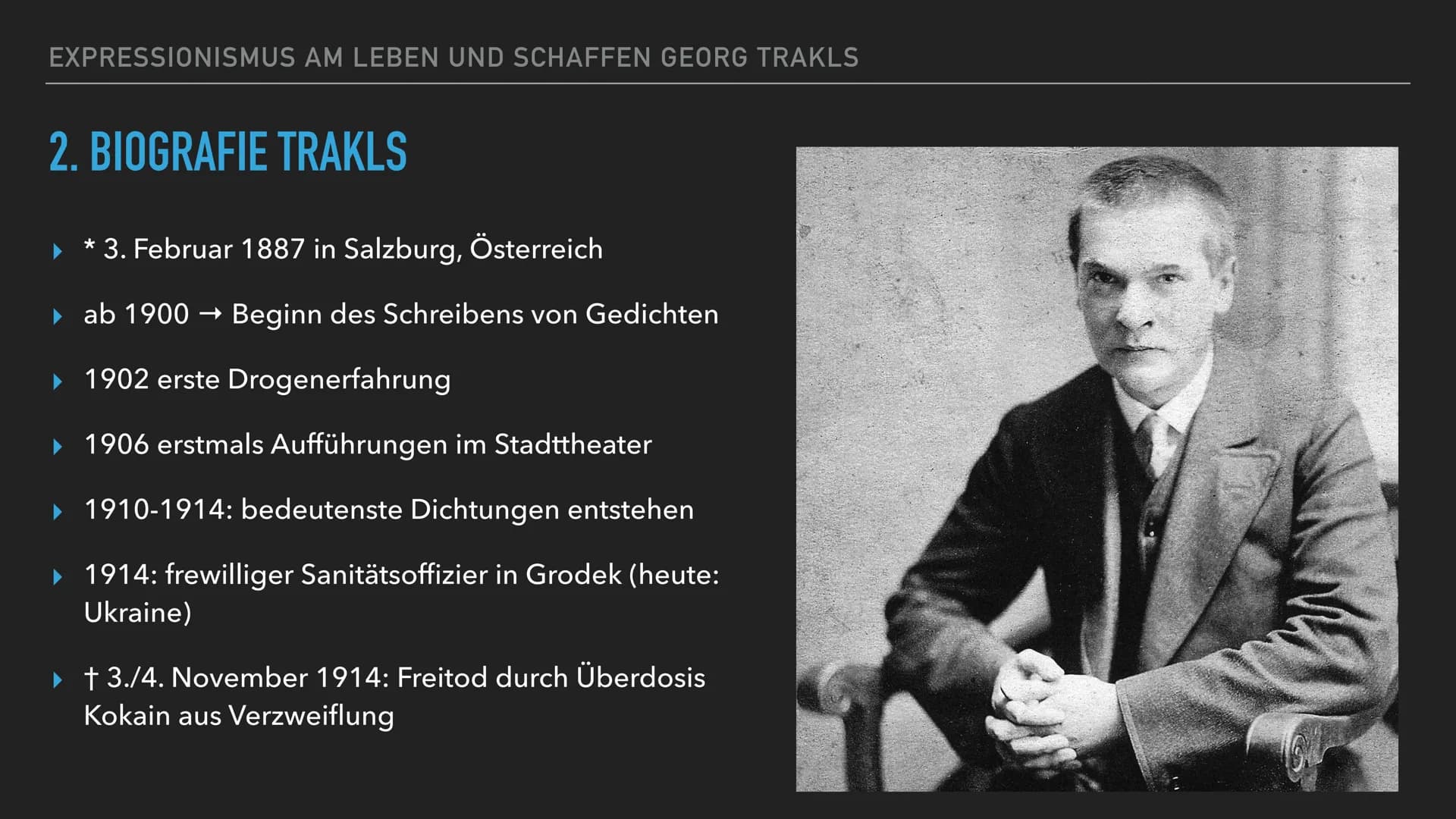 LITOŚCI PROMIENISTE RAMIONA
OBEJMUJĄ ROZBITE SERCE
STRAHLENDER ARME ERBARMEN
UMFANGT EIR BRECHENDES HERZ
GEORG TRAKL
1887 SALZBURG 1914 KRAK