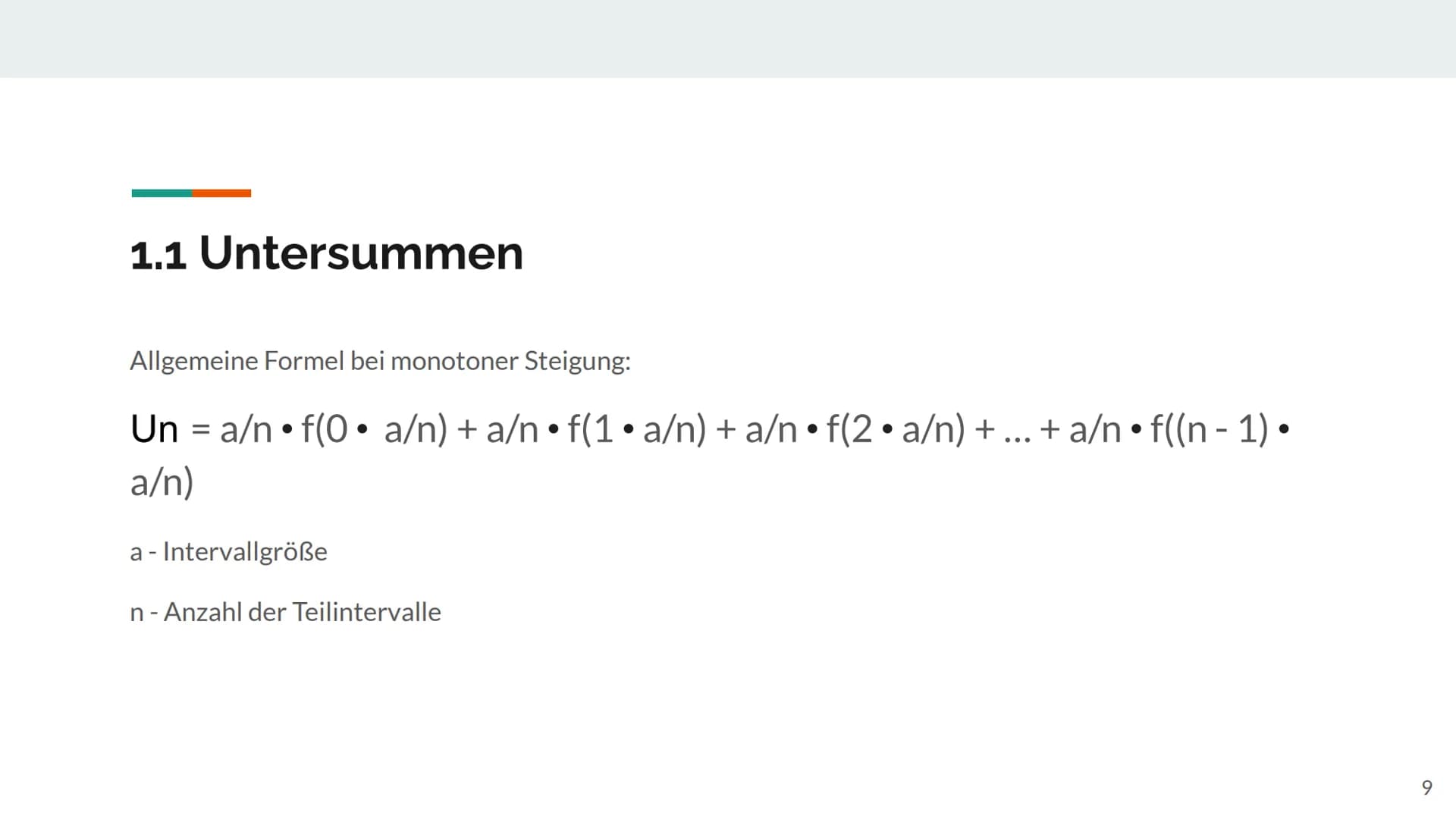 -0.2
1.4
1.2
1
-0.8
-0.6
0.4
0.2
0
-0.2
0.2
0.4
0.6
[(x) = x2
0.8
1.2
[O: 1]
1.4
1.6
1.8
1 Ober- und Untersummen
2 Gliederung
1. Flächenbest