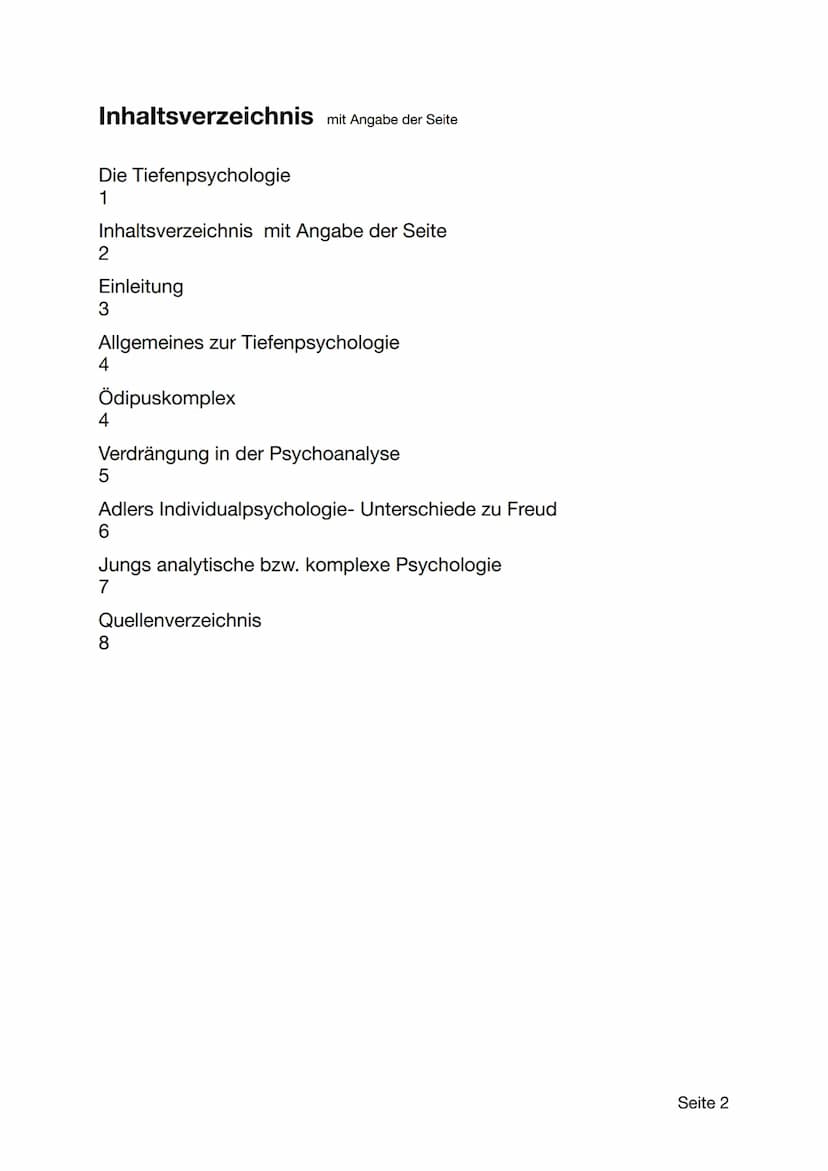 Die Tiefenpsychologie
Seite 1 Inhaltsverzeichnis mit Angabe der Seite
Die Tiefenpsychologie
1
Inhaltsverzeichnis mit Angabe der Seite
2
Einl