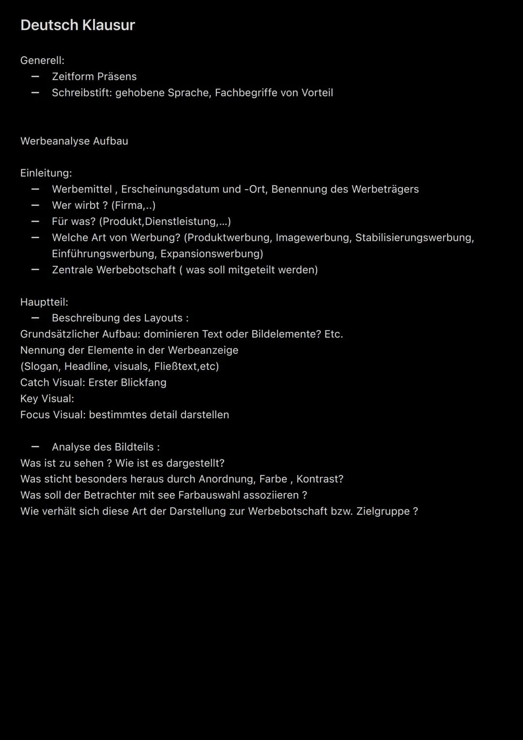 Deutsch Klausur
Generell:
Zeitform Präsens
Schreibstift: gehobene Sprache, Fachbegriffe von Vorteil
Werbeanalyse Aufbau
Einleitung:
Werbemit