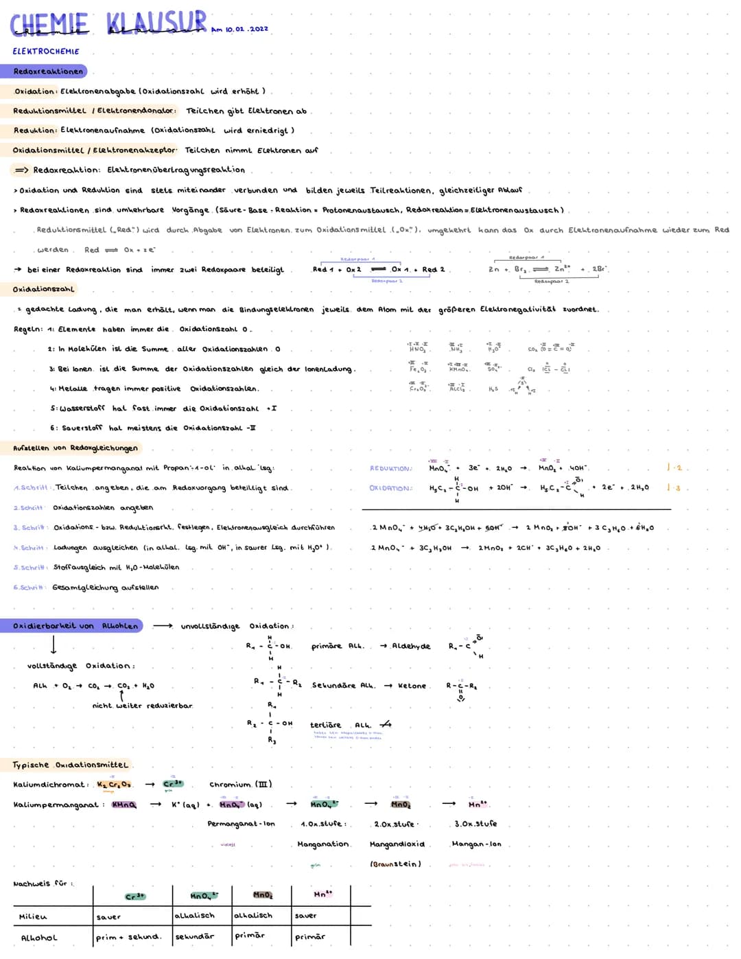 CHEMIE KLAUSUR AM 10.02.2022
ELEKTROCHEMIE
Redoxreaktionen
Oxidation Elektronenabgabe (Oxidationszahl wird erhöht)
Reduktionsmittel / Elektr