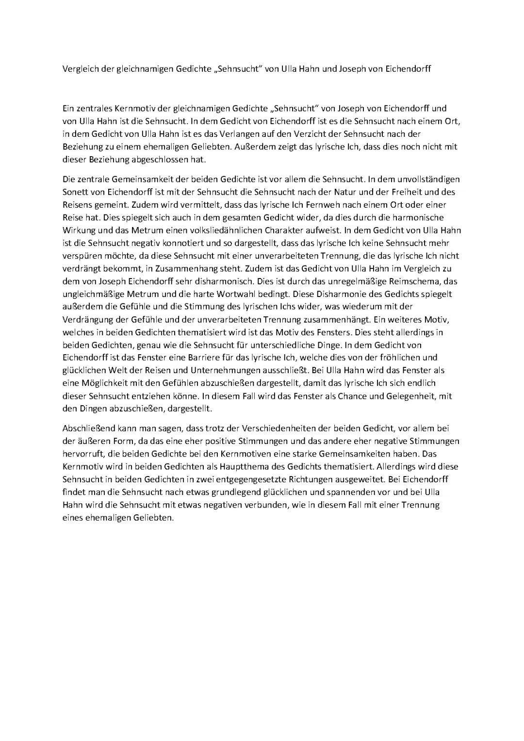 Vergleich der gleichnamigen Gedichte „Sehnsucht“ von Ulla Hahn und Joseph von Eichendorff