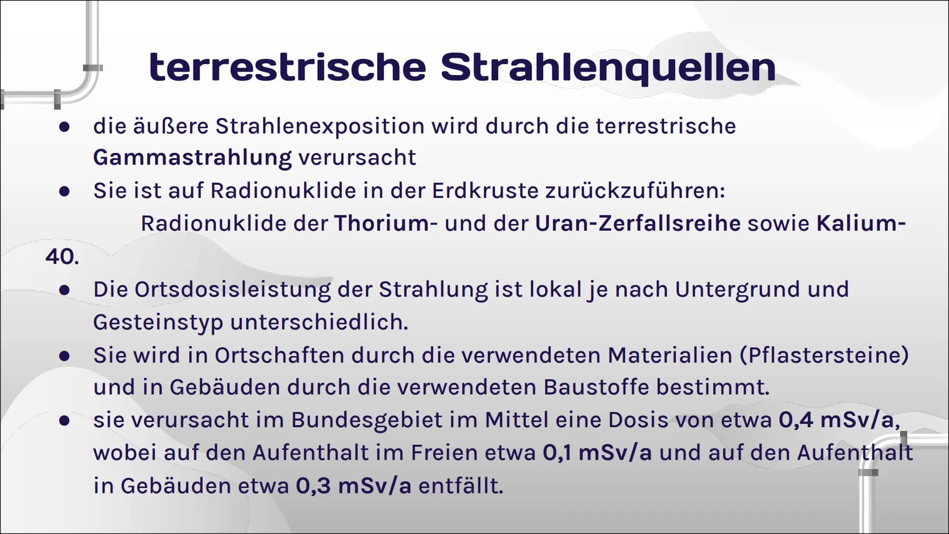 Natürliche
Radioaktivität
Iman Nejmeh 10E
||
III 01
Inhaltsverzeichnis
Was ist natürliche
Radioaktivität?
03 Alpha-/Beta-/
Gammastrahlung
05