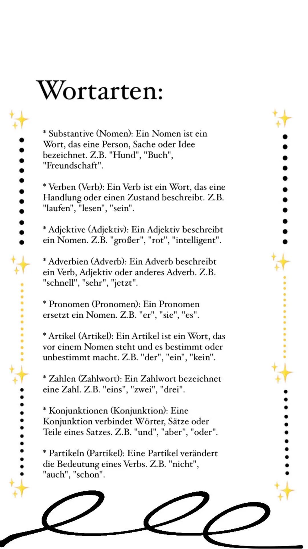 # Wortarten:
* Substantive (Nomen): Ein Nomen ist ein
Wort, das eine Person, Sache oder Idee
bezeichnet. Z.B. "Hund", "Buch",
"Freundschaft"