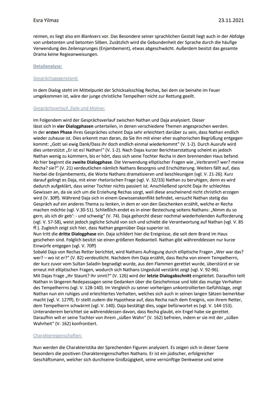 Esra Yilmaz
Einleitung:
Nathan der Weise
Analyse - Aufzug 1 Auftritt 1
Nathan der Weise ist ein aus fünf Akten bestehendes dramatisches Gedi