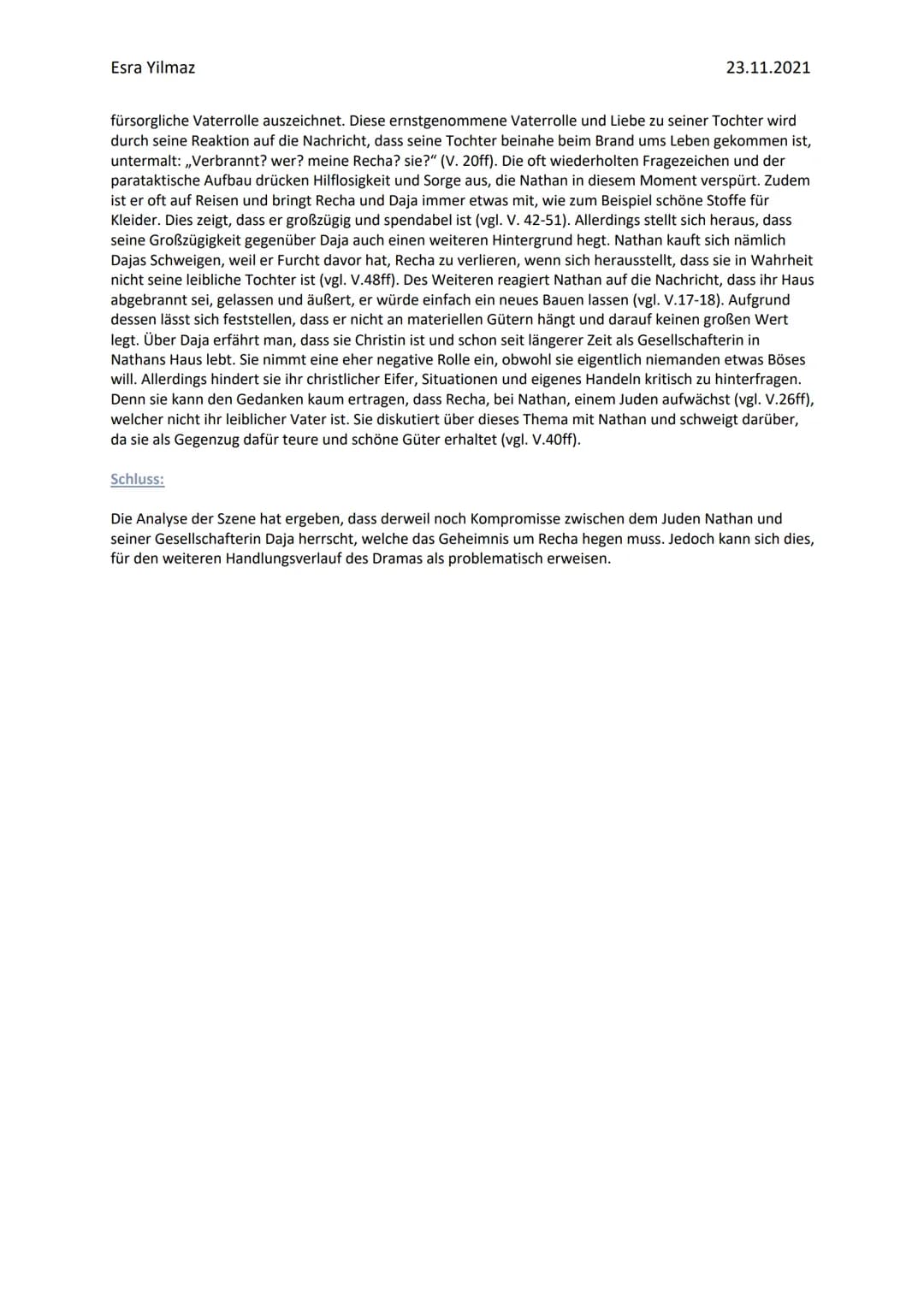 Esra Yilmaz
Einleitung:
Nathan der Weise
Analyse - Aufzug 1 Auftritt 1
Nathan der Weise ist ein aus fünf Akten bestehendes dramatisches Gedi