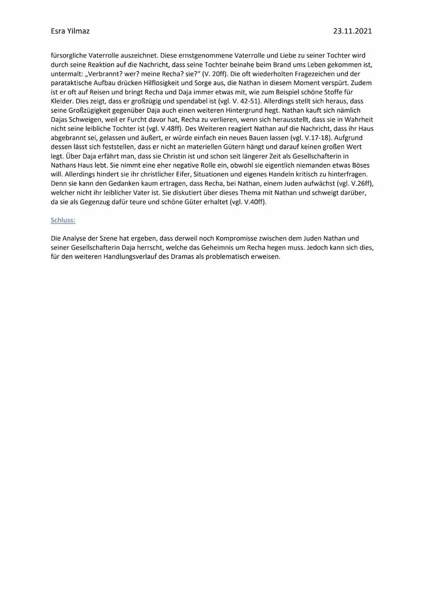 Esra Yilmaz
Einleitung:
Nathan der Weise
Analyse - Aufzug 1 Auftritt 1
Nathan der Weise ist ein aus fünf Akten bestehendes dramatisches Gedi