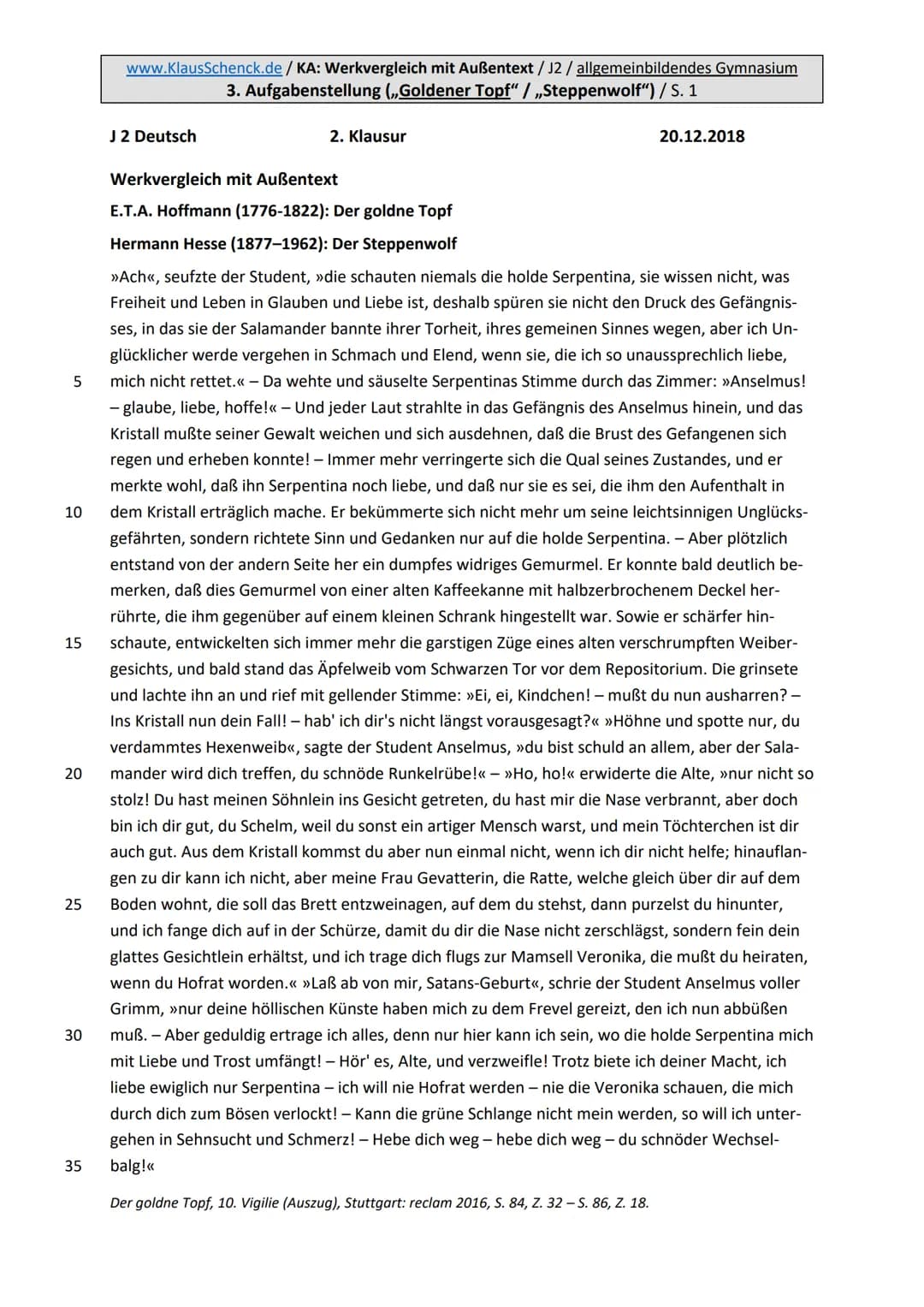 www.KlausSchenck.de/KA: Werkvergleich mit Außentext/J2 / allgemeinbildendes Gymnasium
1. Erläuterung der Aufgabenstellung / Gesamtüberblick: